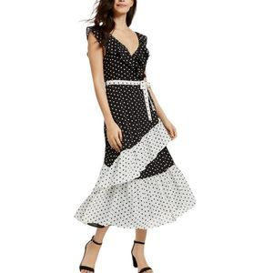 Q&A Polka Dot Midi Black White Tiered Dress XL NEW
